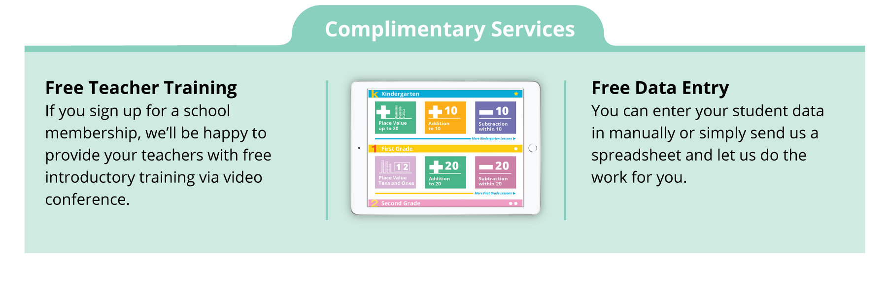 Complimentary Services: Free teacher training and Free data entry. Complimentary Services: Free teacher training and Free data entry.